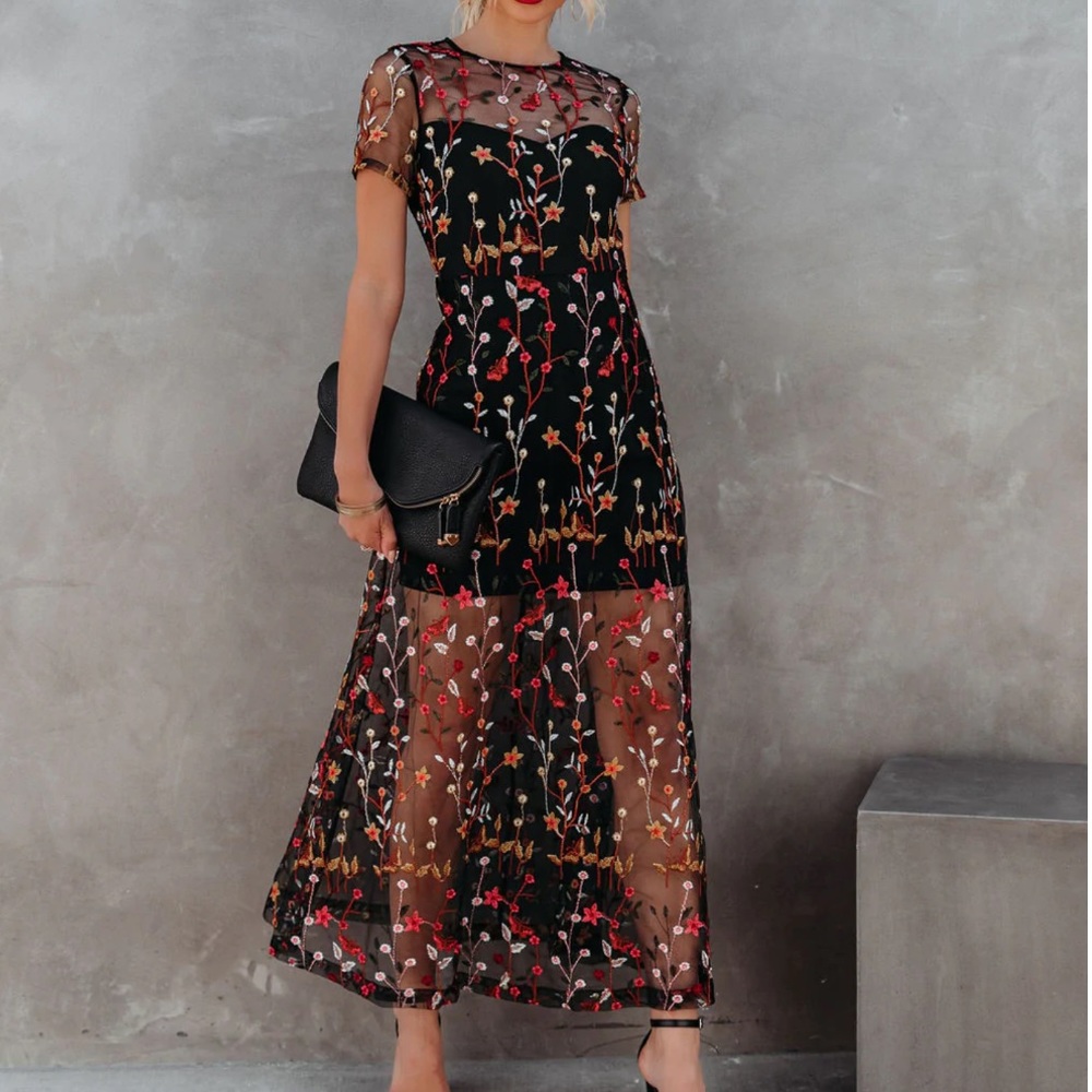 NWT VICI Immeasurable Joy Embroidered Black Floral Mesh Maxi Dress Medium